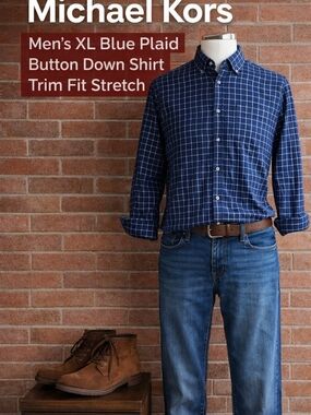 Michael Kors Men’s XL Blue Plaid Button Down Shirt Trim Fit Stretch
